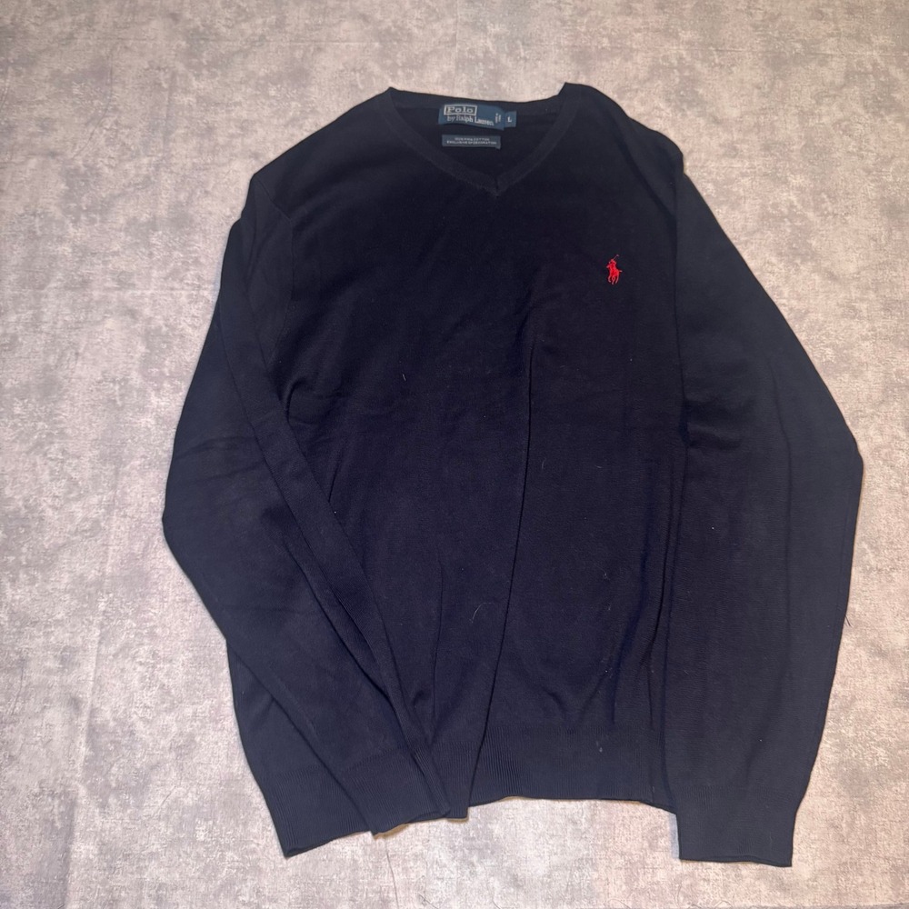 Polo Ralph Lauren Mens Navy Blue 100% Pima Cotton V-Neck Sweater Size L Red Pony